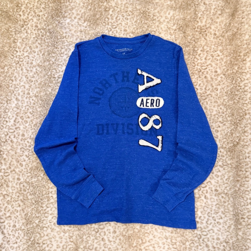 Mens Aeropostale Blue Waffle Knit Thermal Graphic Long Sleeve Shirt Size L Vibe
